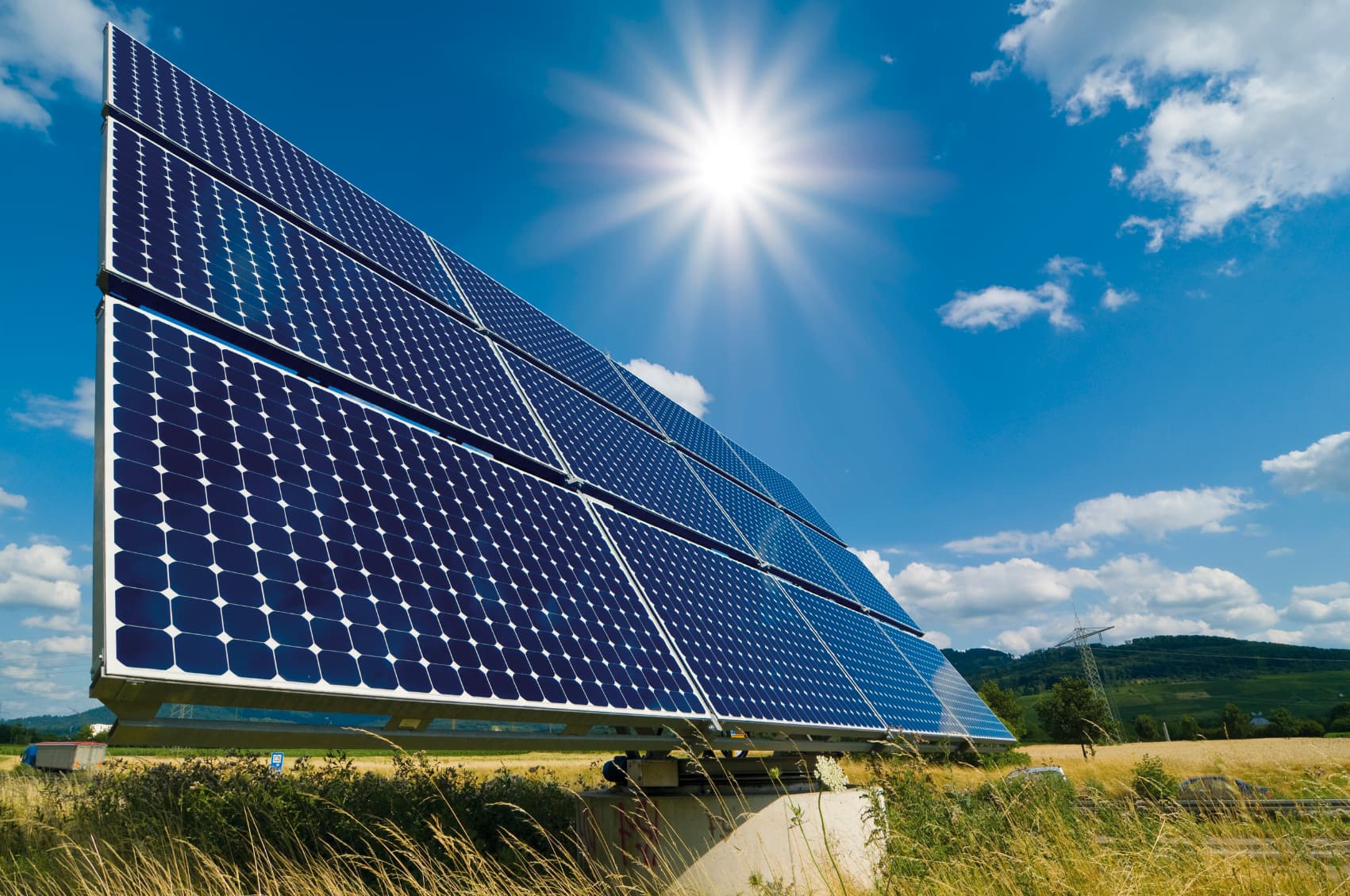 A row of solar modules turned towards the sun